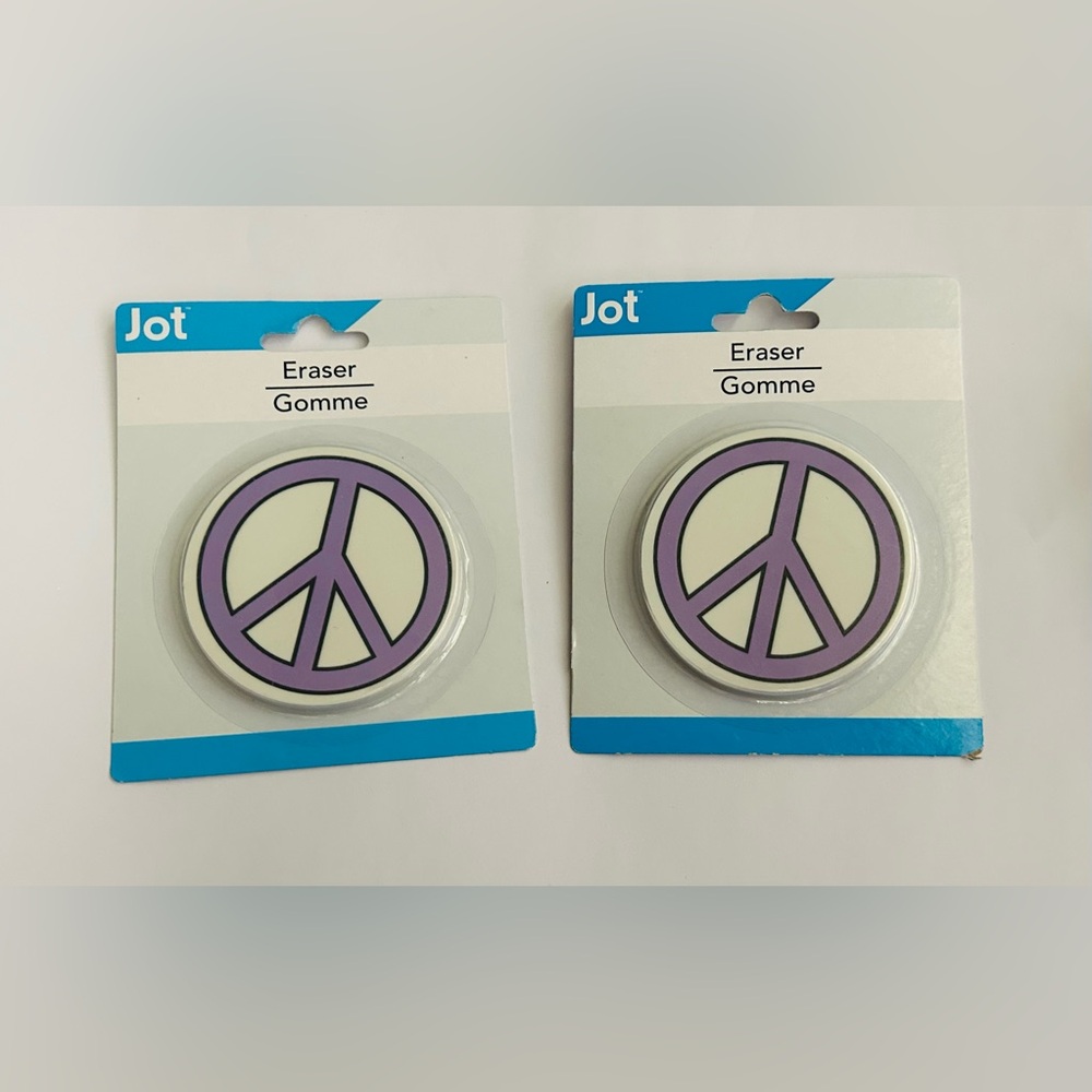 New 2 Peace Erasers Peace Sign Purple 2 3/4” Round Jot Eraser